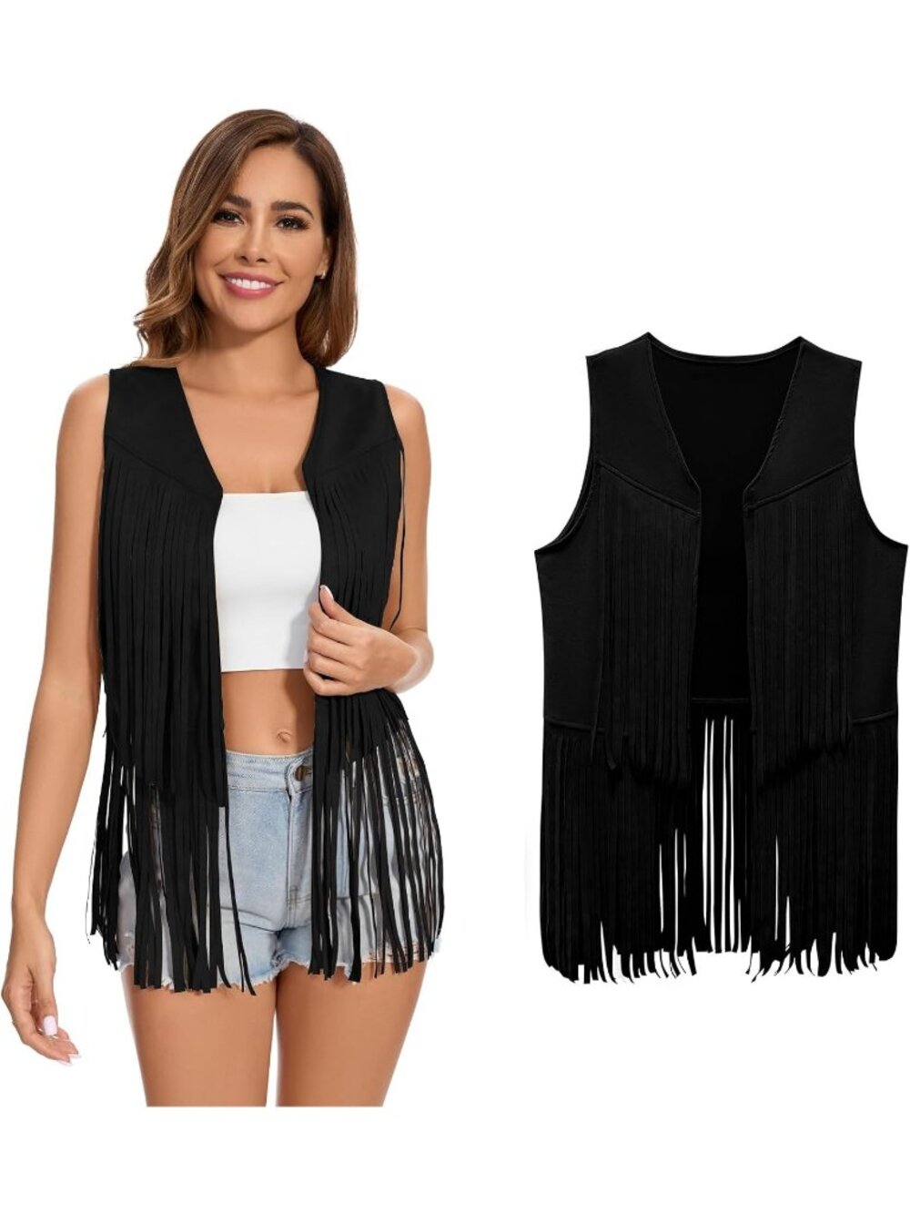 Women's Black Fringe Vest 60s 70s Hippie Vest Sleeveless Cowgirl Western Jacket